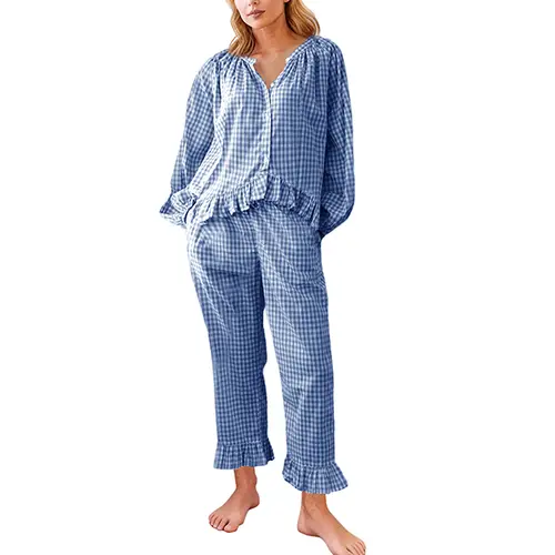 Women's 100% Cotton Gingham Plaid 2-Piece Matching Pajama Set - V-Neck or Button Ruffle Long Sleeve Shirt, Elastic Waist Pocketed Pants, Breathable Cotton Nightwear Loungewear