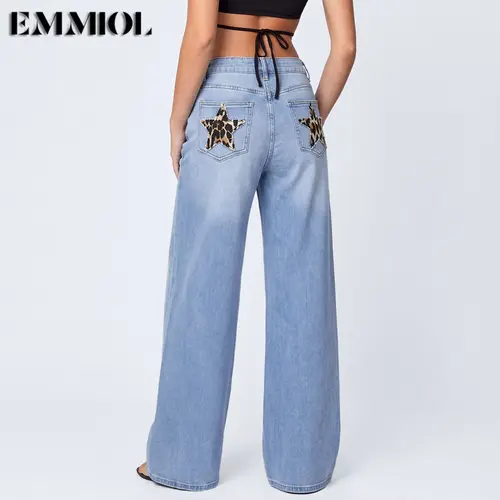 EMMIOL【Back to School】Jeans for Women Mid High Waisted Women's Jeans with Leopard Star Patches, Vintage Y2K  Pants