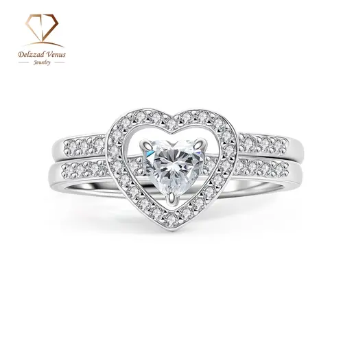 Delzzad Heart Shaped Ring Set - D Color VVS Synthetic Moissanite Halo Stacking Copper Bands, Sparkling Jewelry for Women, Wedding Ring Sets, Gifts for Girlfriend for Engagement & Valentine's Day