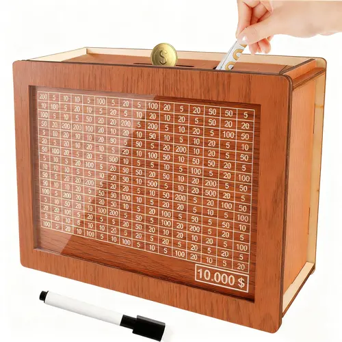 Wooden Cash Money Saving Box,Piggy Bank for Kids & Adults,10000 Savings Challenge Box,Coin Bank Toys Gift for 3-12 Year Old Boys & Girls (10000 Dollar)