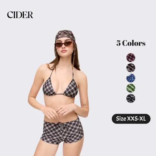 Cider 4-Piece Set Halter Neckline Check Knotted Triangle Tie Side Bikini Set With Cover Up Shorts & Headscarf Chic Swimsuit Set Fashion Beachwear Swimwear SummerWins SummerFinds