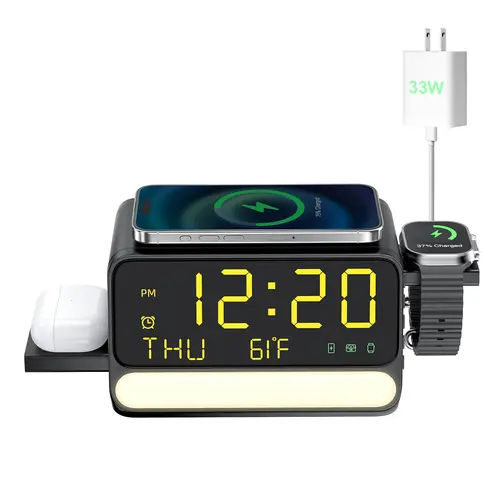 BLKE 7-in-1 Wireless Charging Station with Alarm Clock, Fast Charge, LED & Voice-Controlled Night Light, Bluetooth Time Sync, Temperature Display, Compatible with iPhone, Android, Apple Watch, Samsung Watch & Earbuds, 33W Adapter Incl,mothersdaygift