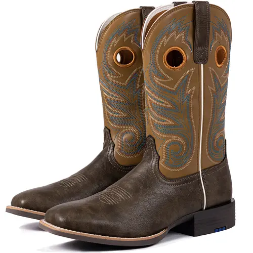 【 Cowboy Boot】Palitutu Cowboy Boots for Men, Square Toe Western Shoes with Classic Embroidery, Soft PU Leather, Comfortable Slip-On Walking Boots, Casual Fashion Footwea