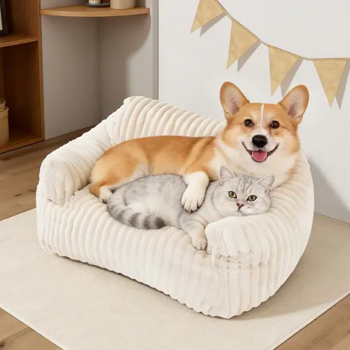 LIKIMIO Pet Shaped Couch Bed - 24/30 in Corduroy Fluffy Sofa for Small-Med Cats & Dogs, Removable Washable Cover, Supporting Indoor Pet Furniture, Cozy Warmth, Shake-Soft Fill, Summer Vibes