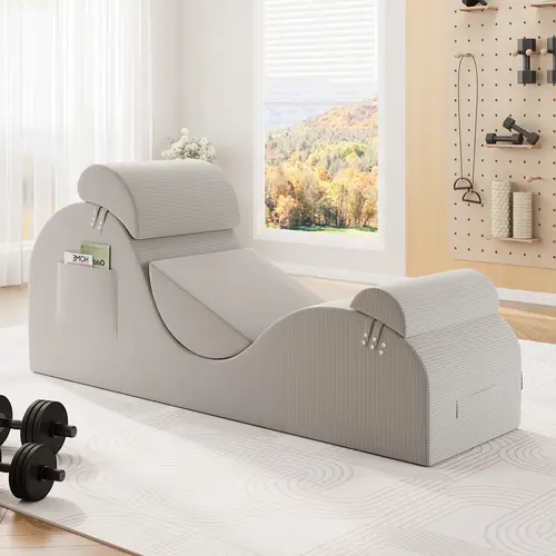 LIKIMIO Corduroy Ergonomic Yoga Chair for Adults - Unassembled Cushioned Lazy Bed Living Room Furniture with Flexible High-Density Sponge, Removable Headrest, Waist Cushion, Footrest, Side Pocket Storage, Non-Slip Bottom