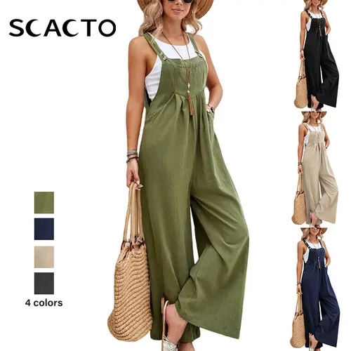 Scacto Women's Fashion Casual Plain Jumpsuit - Sleeveless Loose-Fit Wide Leg Overalls, Adjustable Straps to Personalize the Fit, Pockets, Multi-Size 1-Piece Women's Bottom-Integrated Style Clothes