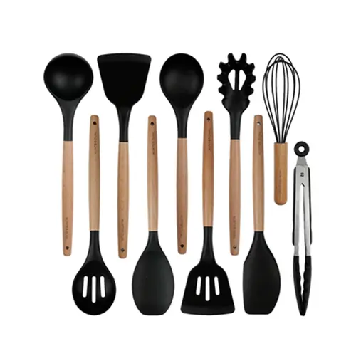 NULAS Silicone Cooking Utensils Set 10 Pcs - BPA Free Kitchen Utensil Set with Heat-Resistant Wood Handles, Non-Scratch Spatula Set Safe for Nonstick Cookware (Black) summerwins,home essentials sohochic