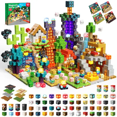 Magnetopia 200PCS Magnetic Building Cubes Set - 8 Base Plates, 24PCS Light Blocks, STEM Sensory Educational Kids Toys, Construction Stacking Buildable Blocks Kit for Ages 3+ Birthday Gifts