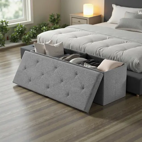 Sweetcrispy Folding Storage Ottoman - 154L Linen Fabric Airy Cushioned Stool, Bedroom End-of-Bed Sofa Footrest, Shoe Bench with Hidden Storage for Home Organization, Storage Organization
