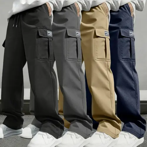 Men's solid-color four-season fashionable casual multi-pocket loose straight-leg hiking training fitness outdoor work pants