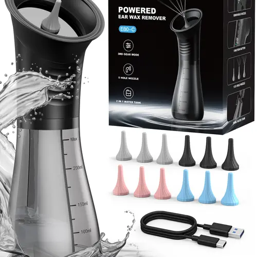 Renergy Electric Ear Wax Removal Kit - Premium Hygienic Separation Ear Cleaning Tool with LED Display, 3 Modes, 12 Nozzles, Dual Clean & Waste Tank, IP67 Irrigation System, Non-Toxic Daily Earwax Removal Products