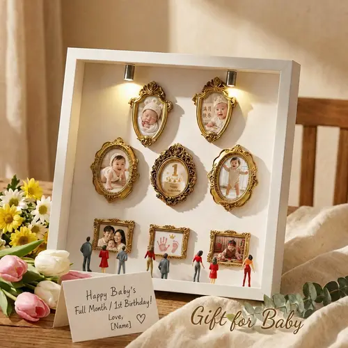 Upgraded Baroque Gold Light-Up Mini Museum Photo Frame – DIY Personalized Shadow Box for National Grandparents Day, Removable Acrylic, Spotlights, Mini Figures, Custom Family Memories Display, Nightstand Decor, Anniversary
