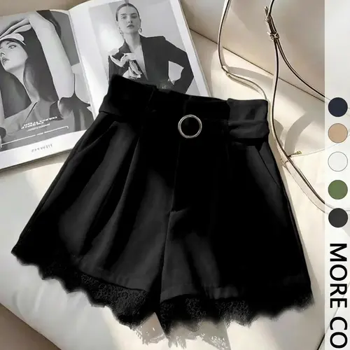 Valentine's Day Women's Elegant Chic Summer Casual Fashionable Shorts with Belt, Fitted Solid Color Shorts with Contrast Lace Trim, Fashion Versatile Style, Lady, Womenswear