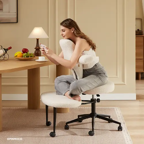 Pinmoco Extra Wide Ergonomic Criss Cross Swivel Office Chair - Teddy Fabric, Adjustable Seat Height and Depth, Reversible Seating, Sturdy Base Design, Back Health Solutions, WFH Setup ADHD Office Chair