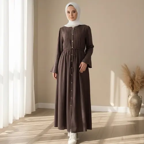 Women's Open Front Pleated Bow Tie Side Pockets Flared Sleeves Princess Dress & Nude Long Abaya Muslim Maxi Skirt Modest Style Dress Muslim Women Gowns Modesty Modest Muslim Clothing