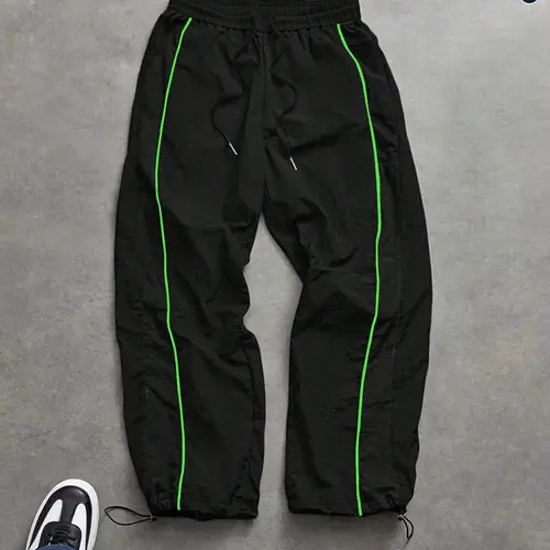 Men's High Street Style Colorblock Drawstring Ankle Pants Summer Thin Slightly Wrinkled Fabric Casual Side Red Stripe Decorated Elastic Waist Sports Pants Unisex Trendy Loose Versatile Cargo Pants