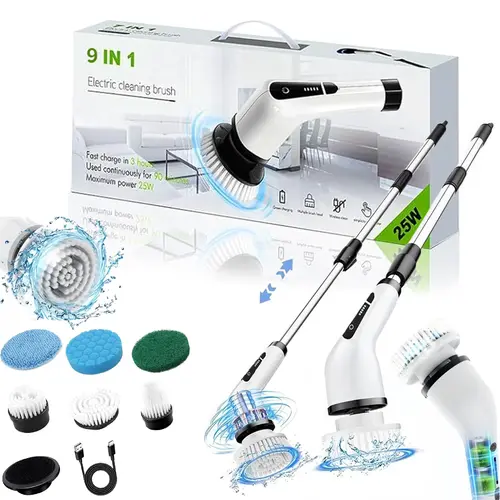 Cordless Electric Spin Scrubber Kit (2026 Upgraded, Wireless) - 9 Replaceable Brush Heads, 3 Adjustable Extension Handle, Dual-Speed, IPX7 Waterproof, LED Light, USB-C, 3 Hours Runtime for Bathroom, Kitchen, Holidays Home Cleaning Supplies