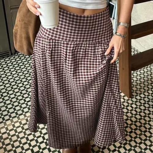 Vintage Academical Style Classic Gingham Loose High Waist A-Line Skirt for Women, Casual Midi Skirt, All Season Skirts, All Seasons, Loose-Fitting