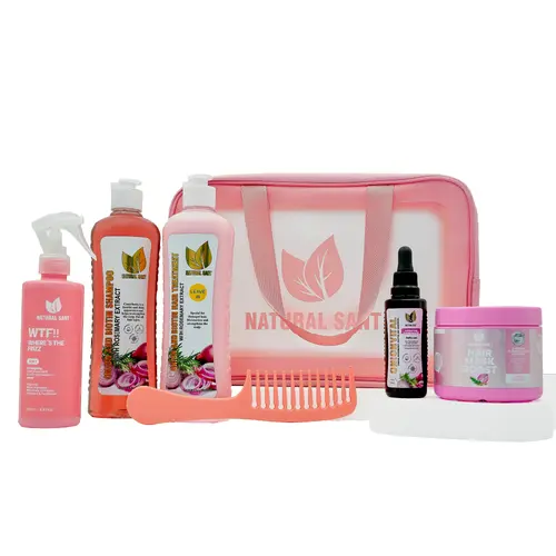 NaturalSant LIMITED EDITION Bundle: Glow and Grow Haircare Set with Onion Extract, Rosemary, Biotin, Hair Boost Mask, Serum, Frizz Spray, Comb and a Free Cosmetic Bag