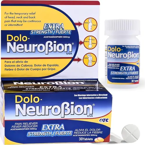 Dolo Neurobion Extra Strength Pain Reliever Supplement - Acetaminophen 500mg, Alleviates Fever, 30-Tab Supply