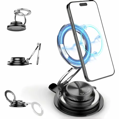GUCCQUEEN Multifunctional Car Accessories 360° Adjustable Magnetic Phone Mount for Car - Suction Cup Base Cellphone Holder Compatible with iPhone 17 Pro Max,16,15,14,13,12 Series & All Smartphones, Black