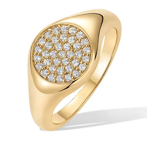 PAVOI 14K Gold Plated Signet Ring for Women - Pinky Ring with Round Cubic Zirconia - Dainty Signet Rings - Trendy Fashion Jewelry