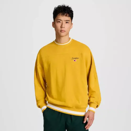 Champion Men's University Small Script Cotton Sweatshirt - Casual Long Sleeve, Soft Ribbed Breathable Fabric, Basic Menswear Top with French Embroidery, Hem, Stripe