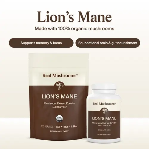 Real Mushrooms Organic Lion's Mane | Brain and Focus Support | 100% Mushroom No Fillers | Third Party Tested | 120 or 300 Capsules | 60-150 Day Supply