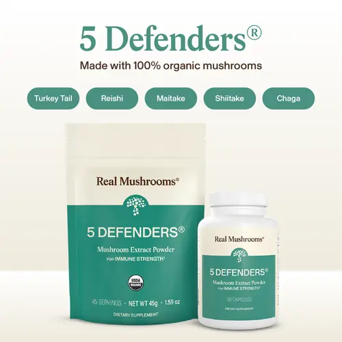 Real Mushrooms 5 Defenders | Organic Reishi Turkey Tail Chaga Maitake Shiitake Blend | 1000mg Per Serving | USDA Certified | Vegan Gluten Free | 90 or 200 Capsules