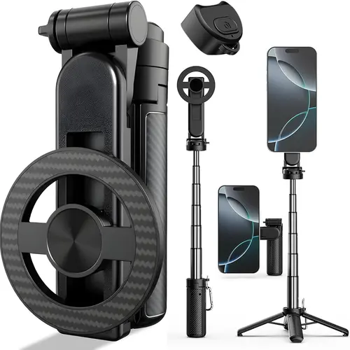 4-in-1 Magnetic Pocket Selfie Stick & Universal Smartphone Tripod, Compact 360° Rotating Portable Expandable Mobile Stand with Wireless Bluetooth Remote Control, for Video Recording, Vlog, iPhone & Most Android Cellphones