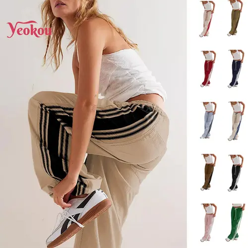 Yeokou Women's High-Rise Wide Leg Striped Athleisure Track Pants - Workout Athletic Bottoms with Pockets, Adjustable Drawstring, Casual Chic Baggy Fit, Machine Washable, Korean Style, Do Not Dry Clean