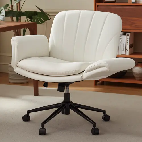 【Deals for you】Dowinx Criss Cross Chair with Five-Level Adjustable Arms and Wheels - Comfortable Ergonomic PU Leather Swivel Vanity Chair - Computer Makeup Gaming Chair for Home Office, Bedroom, Vanity Room