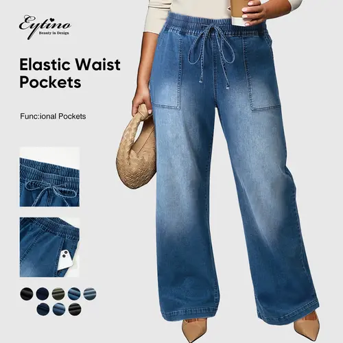 Eytino Plus Size Jeans,High Waisted Straight Leg Stretchy Drawstring Wide Leg Denim Pants for Curvy Women(Sizes 1X-5X)