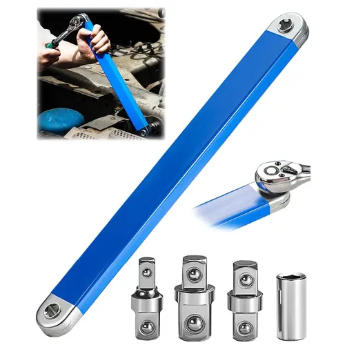Heavy Duty Offset Extension Wrench Set - 15.4" Offset Angle Slim Shape Wrench with 1/4",3/8",1/2" Square Drive Adapters, 1/4" Socket Ratchet Extension for Auto Repair Tight Spaces Chain Drive Steel Build