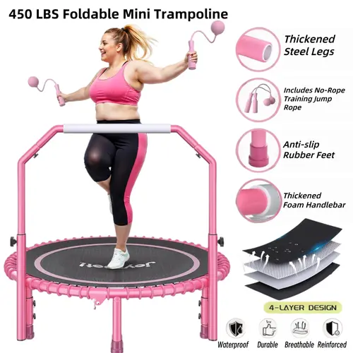 JoySpot 450 LBS Foldable Trampoline, 40" Indoor Fitness Rebounder with U-Shape Adjustable Foam Handle, Quiet Bungee Jump System & Cordless Jump Ropes, Indoor&Outdoor fitness, Yoga, for Adults tiktokshopbacktoschool, Mini Trampoline, Adjustable Grip Bar