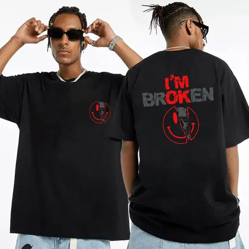 Graphic Hoodie with 2-Sided 'I'm Broken' Smile Face Print, Unisex Soft Relaxed Fit Pullover Streetwear Tops, Graphics, Apparel, Casual, Funny Sweatshirt, Fabric, Round Neck, Menswear