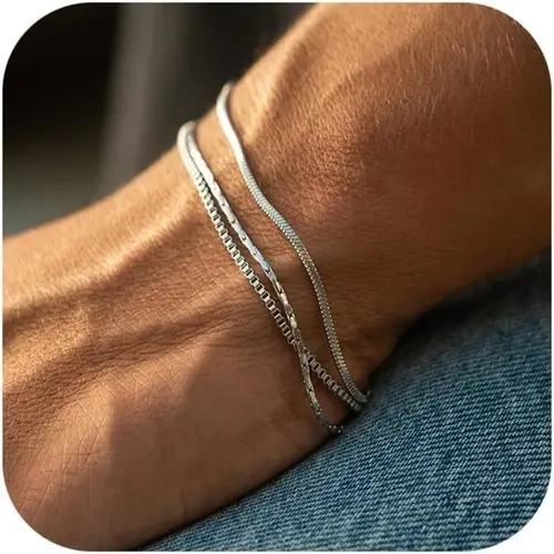 Men's 3-Piece Stackable Bracelet Set - Non-Tarnish Stainless Steel Cuban Link, Snake & Box Chains with Cross Charm, Adjustable Silver Jewelry, Gifts for Boyfriend, Men's Jewelry, Accessories Adults