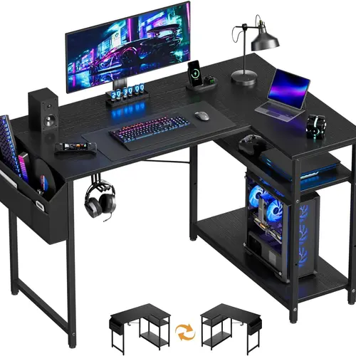 Ecofurnix Sturdy FSC-Certified L-Shaped Desk (110x80cm) - L-Shape Tucks Into Tight Corners, Reversible Storage Shelves, Storage Bag, Headphone Hook, Desks for Gaming, Gaming Room Supplies Workstation