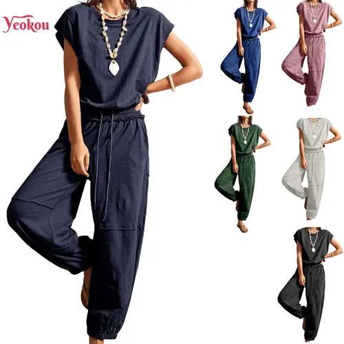 Yeokou Women's Casual Jumpsuit – Crewneck, Cap Sleeve, Drawstring Waist Romper with Pockets, One-Piece Outfit Cotton