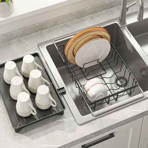 Expandable Kitchen Sink Drying Rack with Auto Drain – Adjustable Dish Rack for Countertop, Space Saving Utensil & Plate Organizer, Multi-Purpose Drying Rack for Dishes, Fruits & Kitchenware