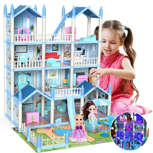 Play Dollhouse with Doll Toy Figures, 14 Rooms Furniture and Colorful Lights, Creative Doll House Gift for Girls Ages 3+, Assemble Required, Blue, 26 in × 20 in × 24 in Doll House#backtoschool #sohochic