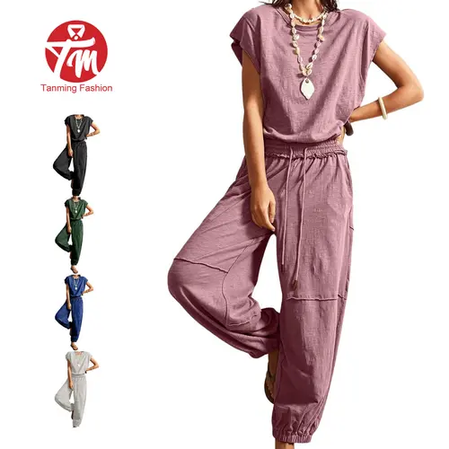 Tanming Women's Classic Basic Cotton Blend Overalls - Round Neck, Cap Sleeve, Loose-Fit, Drawstring Waist, Pockets, Cool Terry Pants, Retro Sporty Chic Street Jumpsuits, Snap Closure, Cute Casual Athletic Outfits for Women