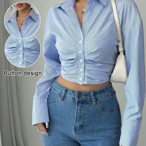 Women's Casual Classic Striped Short Pleated Long Sleeve Shirt, Spring & Fall Fashion, Ladies' Clothing, Comfortable and Stylish