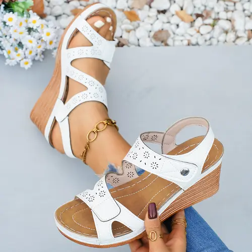 Breathable Open-Toe Wedge Sandals for Women Thick Comfort Sole with Laser-Cut Patterned Details All-Day Versatile Summer Shoes tiktokshopbacktoschool