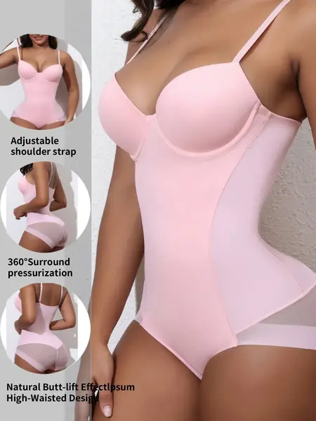 Women's Solid Color Breathable Mesh Ruffle Compression Adjustable Spaghetti Strap Shapewear Bodysuit Underwear, Lightweight Slim-Fitting Shaping Design, Comfortable Minimalist Sleeveless Style, Pink, Piece