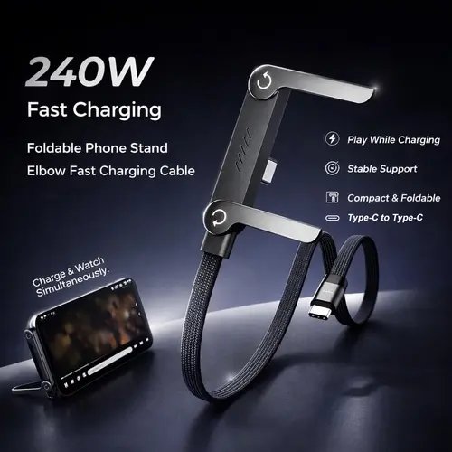 Invisible Stand Type-C Charger Cable, 240W Super Fast Charging 2-in-1 Charging Cord & Phone Holder for Gaming, Office, Car Travel – Black