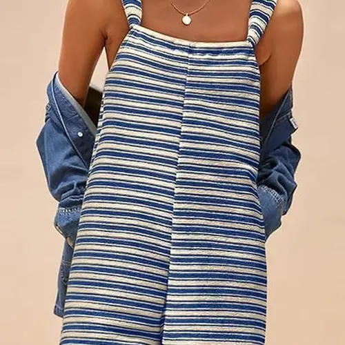 Yousify Women's Striped Sleeveless Romper Loose Fit Tied Shorts Jumpsuit with Pockets for Summer & Fall Casual Wear Scoop Neck Adjustable Drawstring Wide Legs Stylish Overalls Womenswear