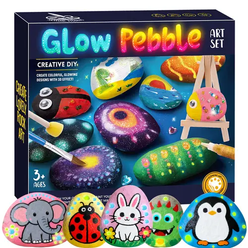 Glowing Rocks Painting Art Set - 1 Set with 10 Rocks, 12 Standard Paints, 1 Color Palette, 10 Transfer Stickers, Glitter Glue, Luminous Pigments, 12 Googly Eyes, 4 Brushes - Unisex Hands-On STEM Project, Kids' Creative Magic Glow DIY Stress Relief Gift, H