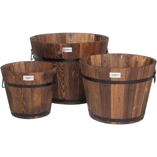 VINGLI 3-Pot Large Wooden Planter Barrel Set with Handles & Metal-Frame Hold, 11.5"-18" Fit Dia Sizes, Rustic Real Wood Buckets w/Drainage Holes for Both Indoor/Outdoor Plant Decor, Room Decor