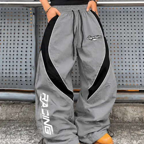 Men's High Street Cyberpunk Racing Functional Gray Black Patchwork Joggers Spring Summer Lightweight High Drape Drawstring Casual Pants with Superior Letter Print Trendy Brand Sports Pants Black Colorblock + Streamline Panel Design, Side "RACING" 3D Print